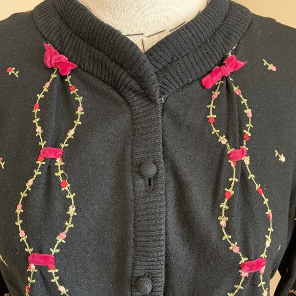 Vintage 50s Rosebud Pink Ribbon Embroidered Cardigan Jacket Rockabilly Pinup - Picture 5 of 12